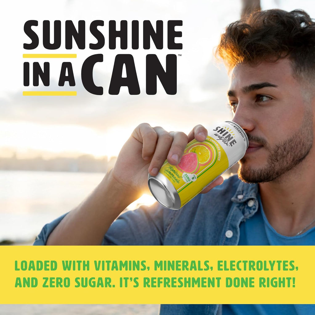 ShineWater Vitamin D Hydration Electrolyte Drink - Flavored water with electrolytes, Sugar-Free, Magnesium, Zinc, Vitamin B12, Plant-Based, Low Calorie - Tropical Lemonade Fruit Water 12 Pack