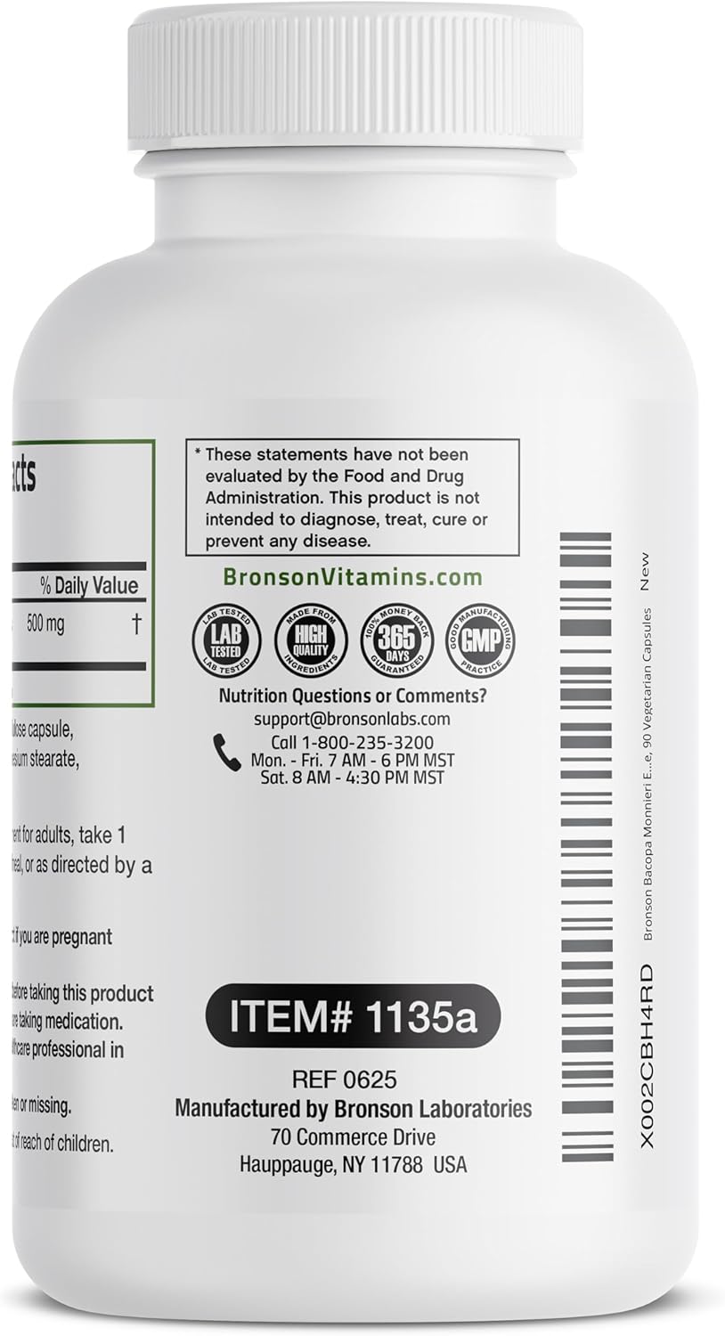Bronson Bacopa Monnieri Extract 500 mg - Promotes Mental Clarity and Brain Function - Non GMO, 90 Vegetarian Capsules