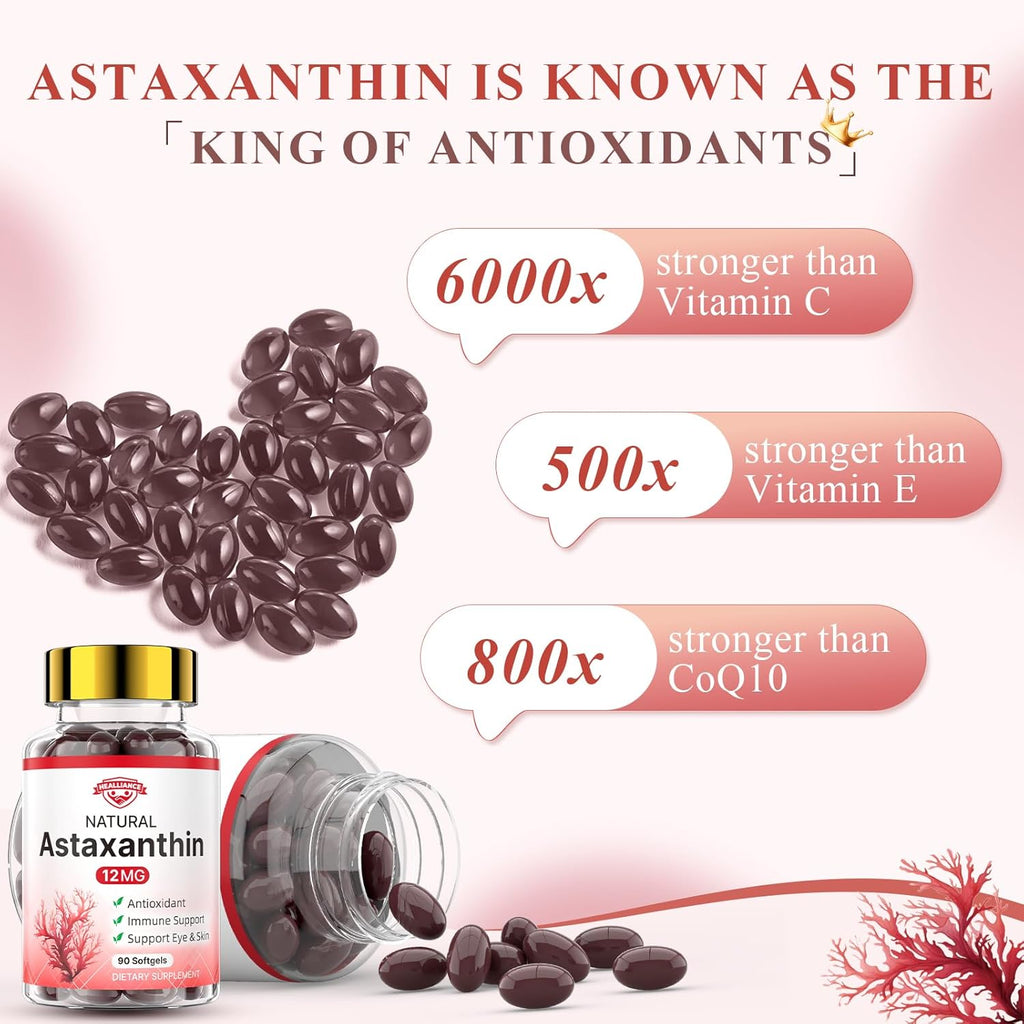 Astaxanthin 12mg Astaxanthin Tanning Softgels with Natural Fresh Microalgae Source Antioxidant Supplement Support Skin Eye Joint Internal Circulation and Immune Health, Non-GMO (90 Count)