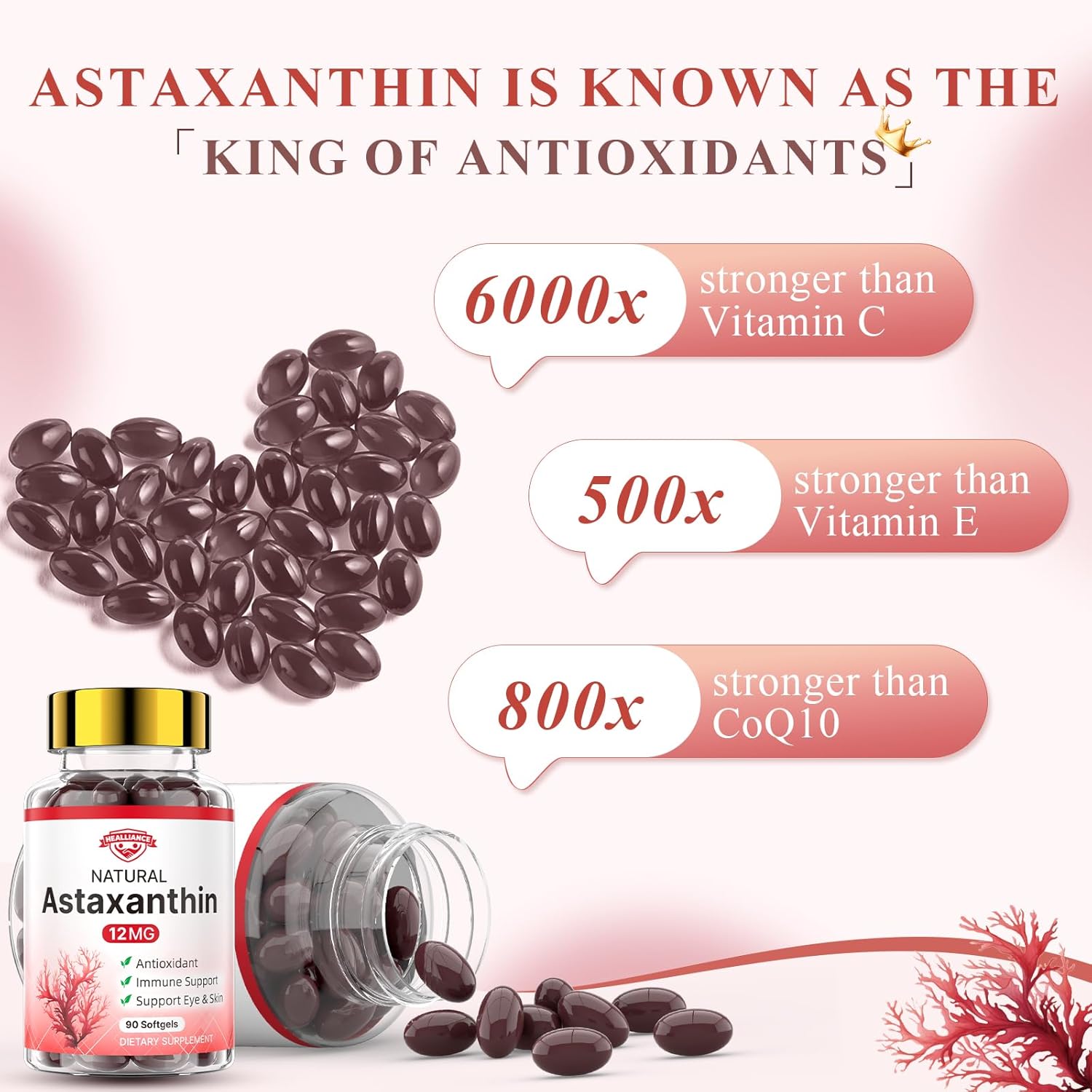 Astaxanthin 12mg Astaxanthin Tanning Softgels with Natural Fresh Microalgae Source Antioxidant Supplement Support Skin Eye Joint Internal Circulation and Immune Health, Non-GMO (90 Count)