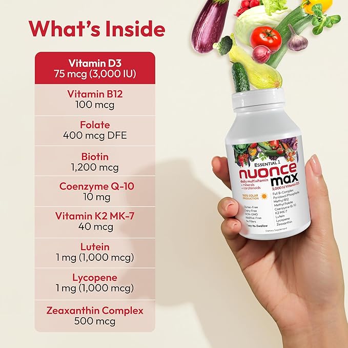 ANDREW LESSMAN Essential-1 nuonce max Multivitamin 3000 IU Vitamin D3 180 Small Capsules. 100 mcg Methyl B12. CoQ10 Lutein Lycopene Zeaxanthin. High Potency. No Additives. Ultra-Mild One Daily Capsule