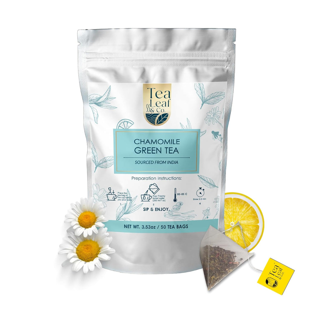 Tea Leaf & Co. Chamomile Green Tea Bags (50 Count), Lemon Extract & Lemongrass Green Tea, Caffeinated, Real & Natural, Blended with Fresh Herbs & Spices, Gluten Free