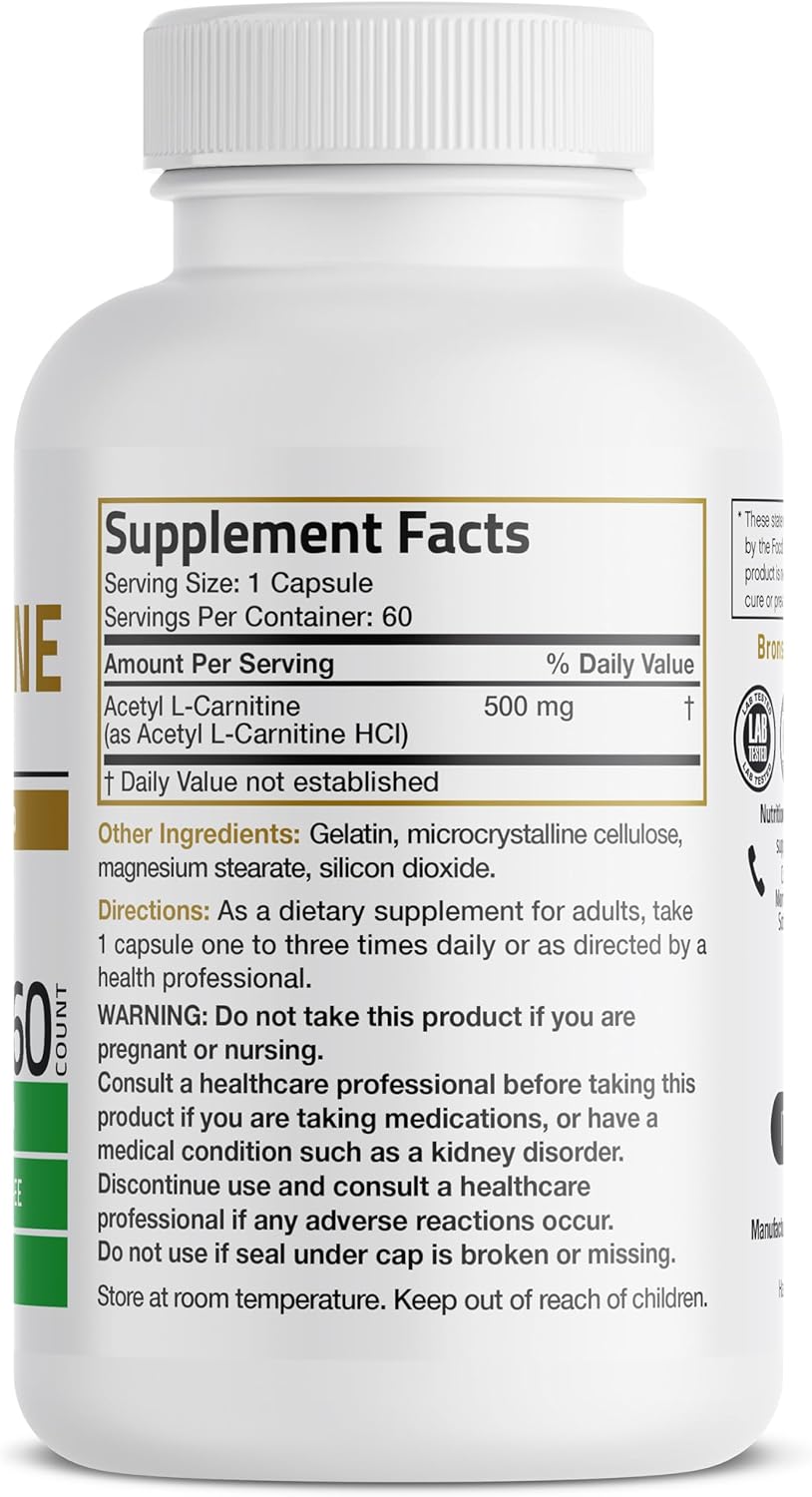 Bronson Acetyl L-Carnitine 500 MG High Potency Amino Acid Non-GMO, 60 Capsules