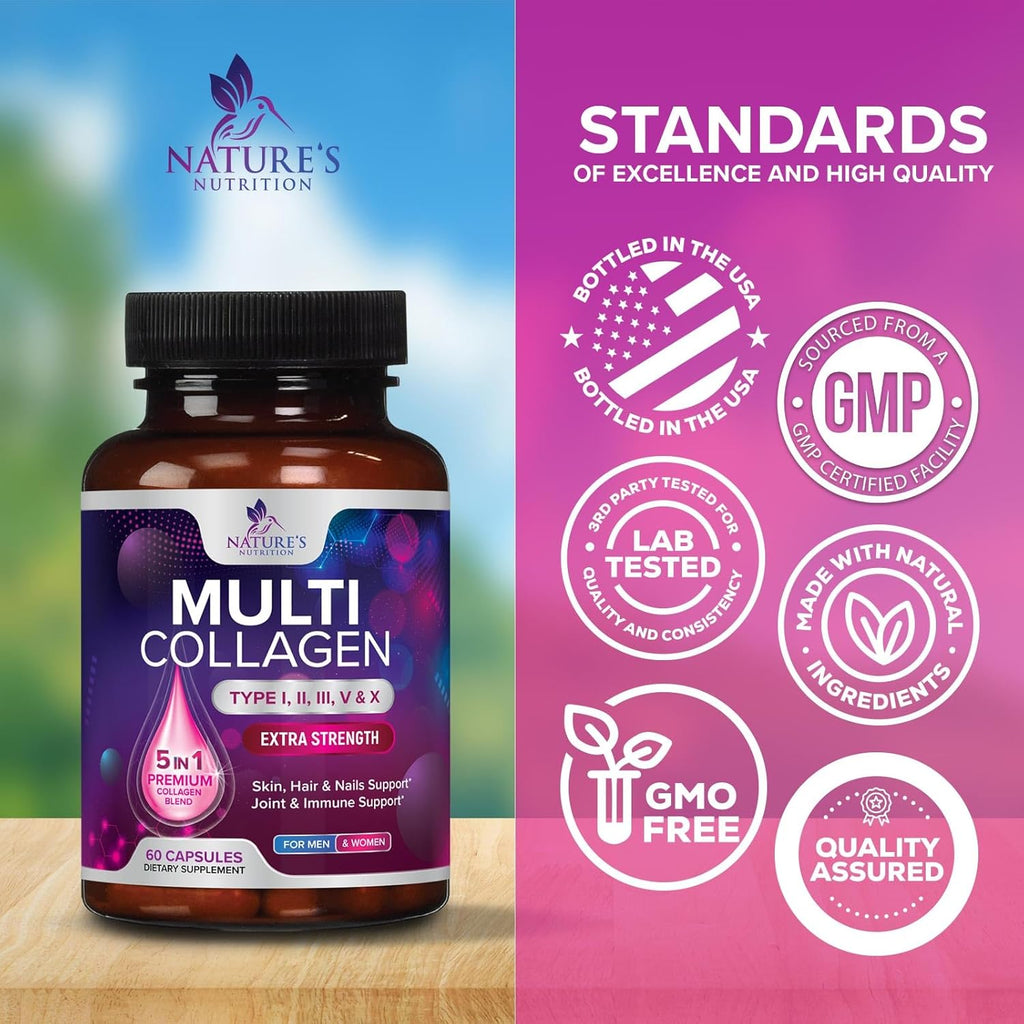 Multi Collagen Supplement 2400 mg - Types I, II, III, V & X Multi Collagen Peptides Pills for Women & Men, Hydrolyzed Collagen Supplements, Hair, Skin, Nail, & Joint Support Supplement - 60 Capsules