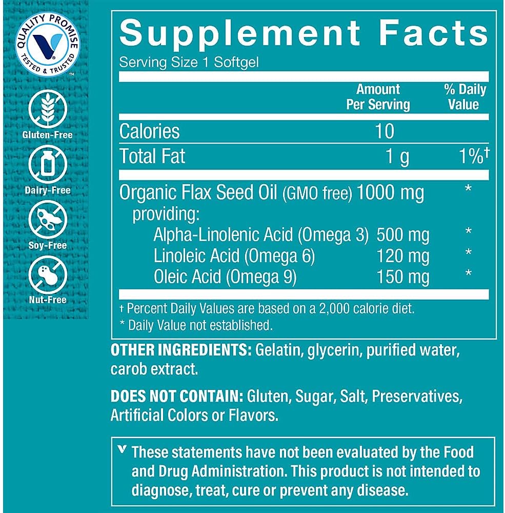 The Vitamin Shoppe Certified Organic Flax Seed Oil 1,000MG, Essential Fatty Acid That Supports Cardiovascular Health, Unrefined & Pesticide Free, Cold Pressed Flax Seed Oil (240 Softgels)