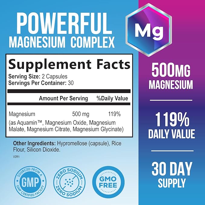 Magnesium Complex Supplement 500 mg - 5 in 1 High Absorption Blend, 100% Chelated Magnesium Glycinate & Malate Plus Citrate, Oxide, Aquamin - Non-GMO, Vegan Formula, Mag Complex Capsules - 60 Count