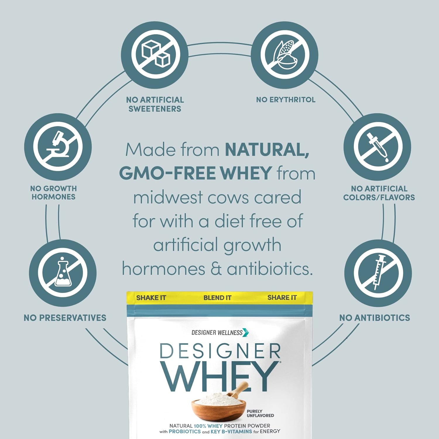 Designer Wellness, Designer Whey, Natural Whey Protein Powder with Probiotics, Fiber, and Key B-Vitamins for Energy, Gluten-Free, Purely Unflavored, 2 lb