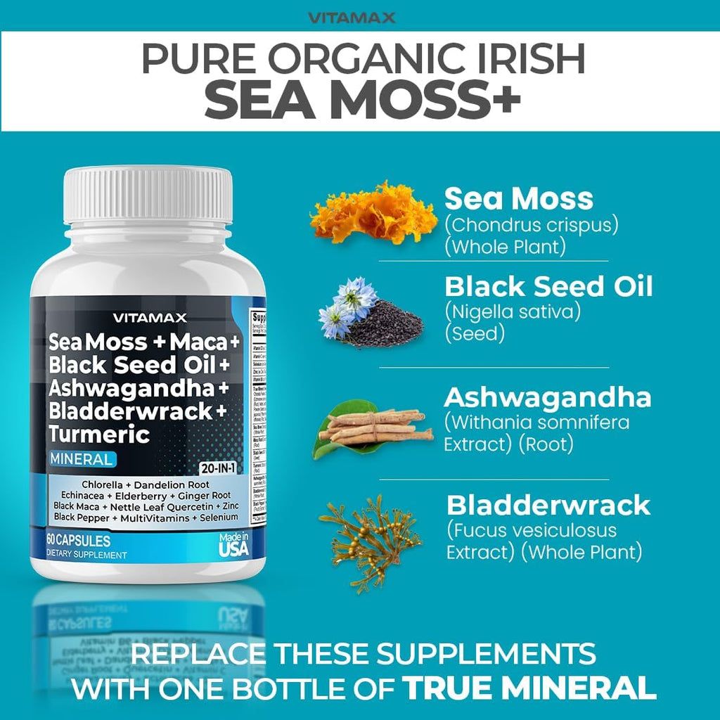 Vitamax Pure Himalayan Shilajit Supplement, Sea Moss, Ashwagandha, Bladderwrack, Gingko Biloba, Organic Capsules & Trace Mineral for - Non-GMO - Vegan - Men and Women – Made in USA