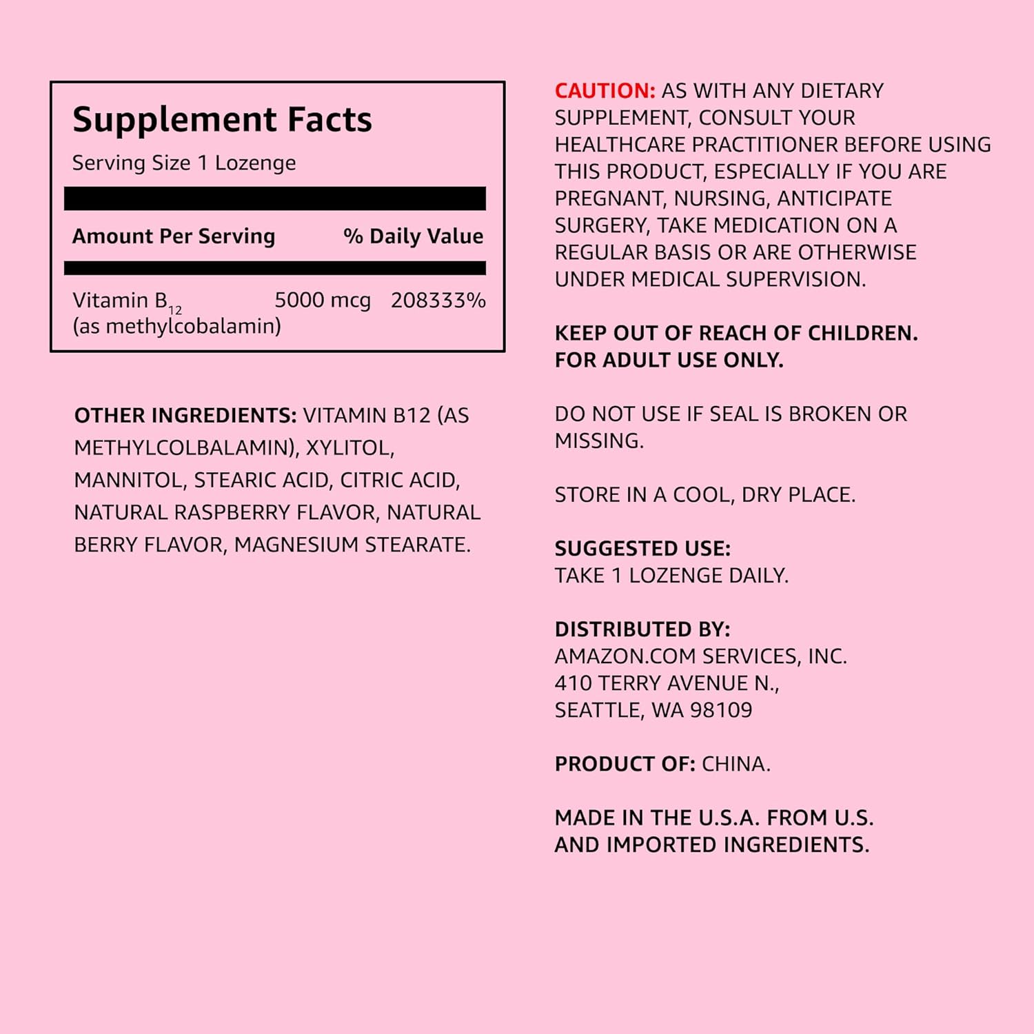 Amazon Elements Vitamin B12 Methylcobalamin 5000 mcg - Normal Energy Production and Metabolism, Immune System Support - 2 Month Supply, Berry Flavored Lozenges, 65 Count (Pack of 1)