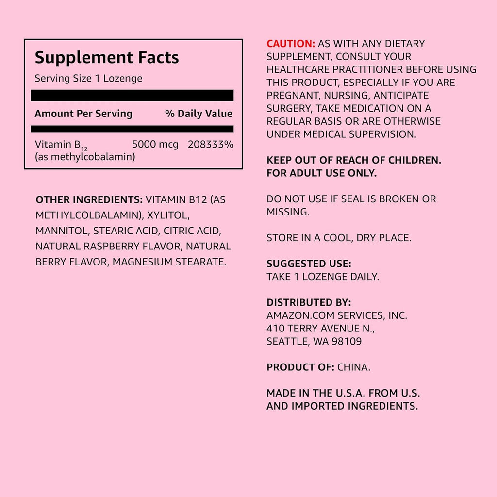 Amazon Elements Vitamin B12 Methylcobalamin 5000 mcg - Normal Energy Production and Metabolism, Immune System Support - 2 Month Supply, Berry Flavored Lozenges, 65 Count (Pack of 2)