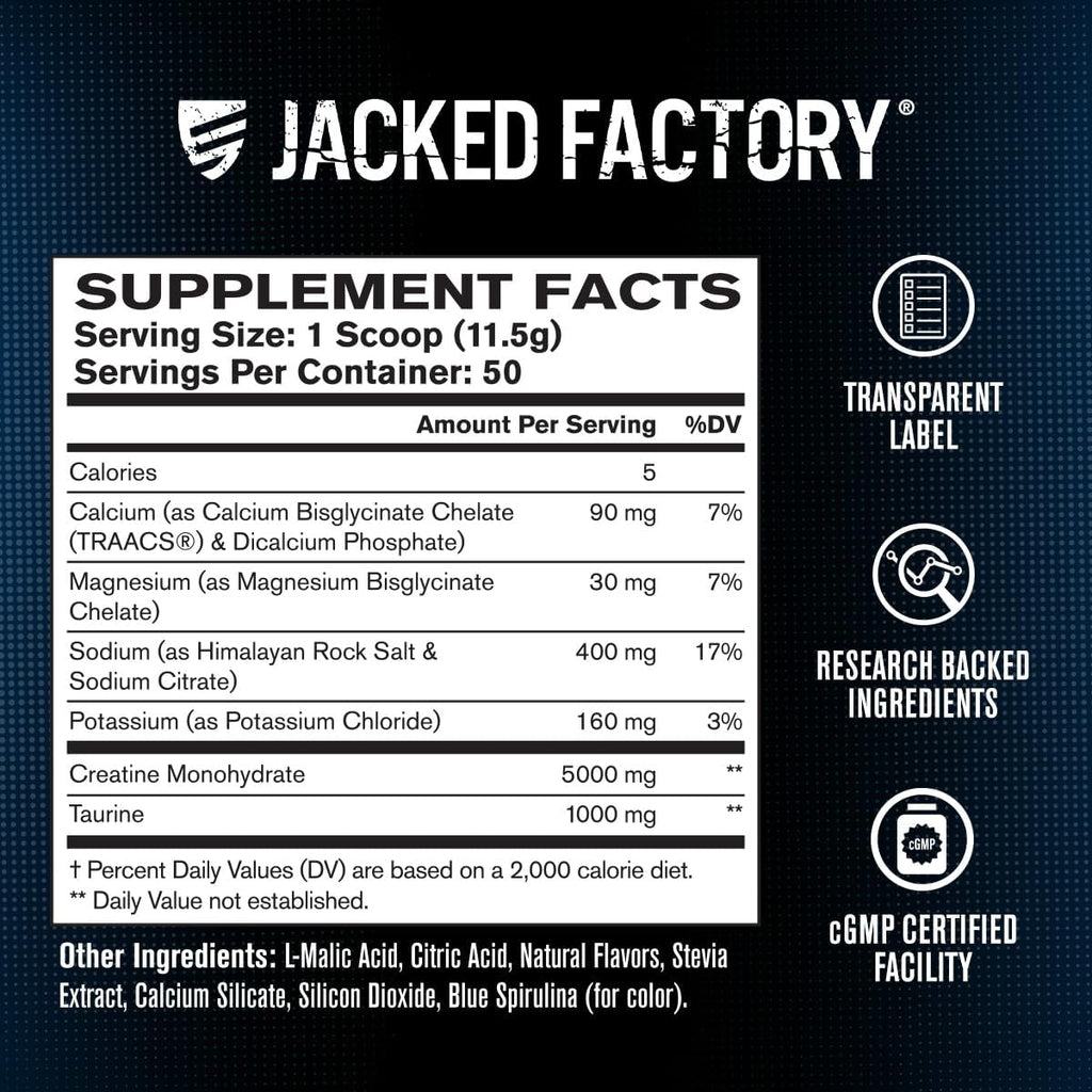 Jacked Factory Creatine + Electrolytes - Creatine Monohydrate with Taurine, Calcium, Sodium, & Potassium to Increase Muscle Growth, Strength, Hydration, & Endurance - 50 Servings, Blue Raspberry