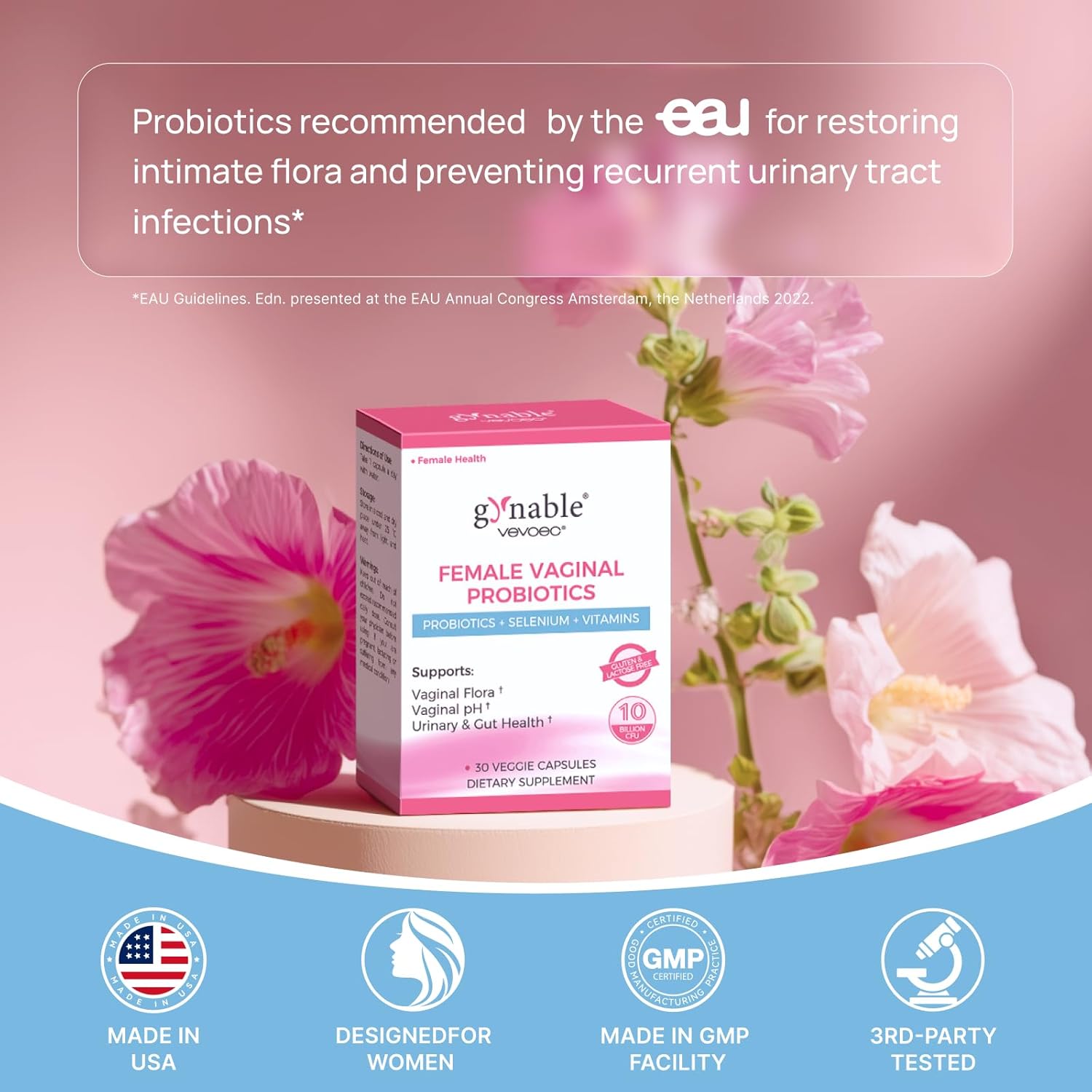 Gynable Vaginal Probiotics for Women,Female Probiotic for pH Balance with Lactobacillus 10 Billion CFU Probiotics Blend,Selenium-Vitamin D3,Promote Healthy Vaginal Odor & Vaginal Flora,30 Count