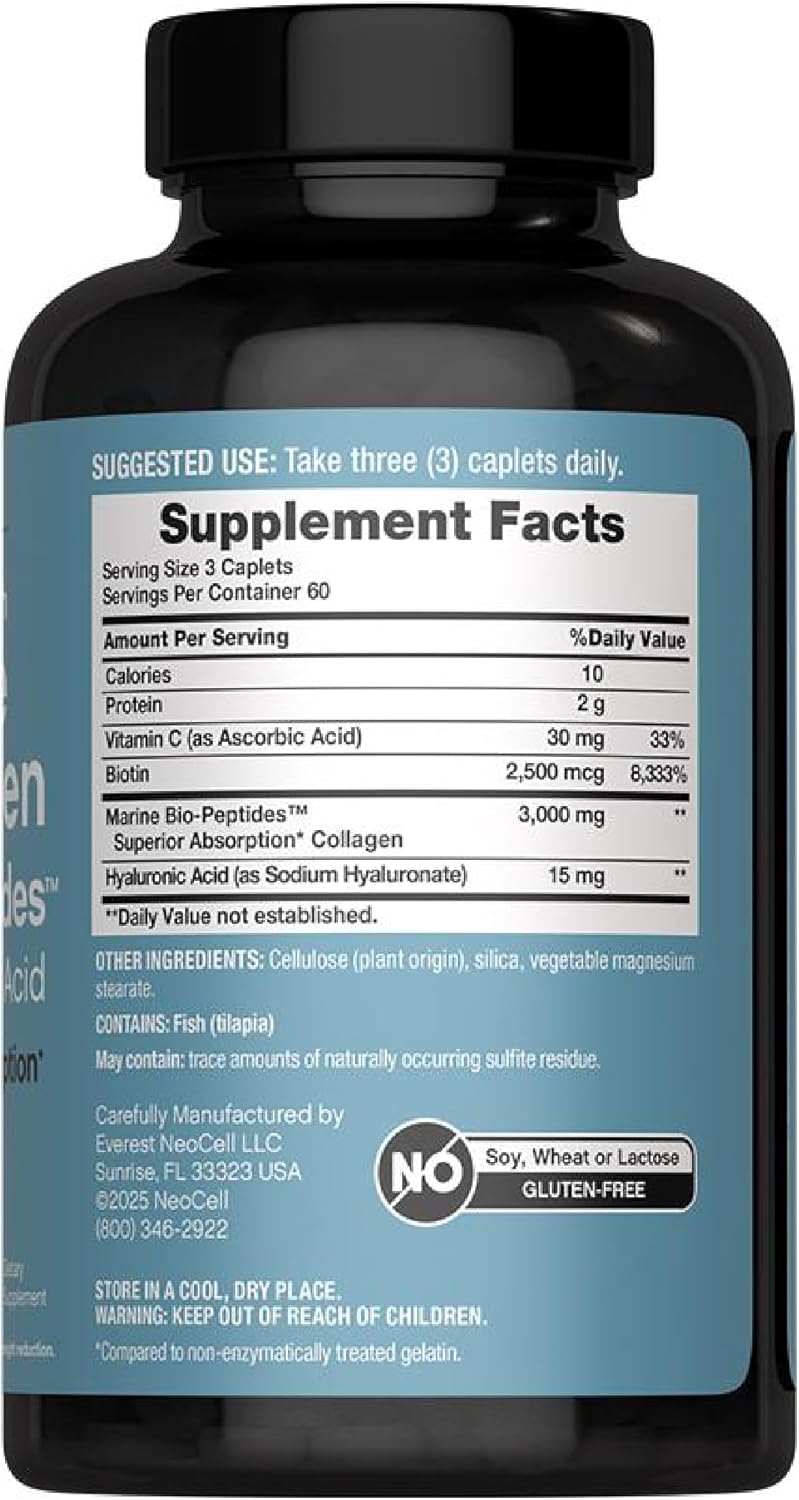NeoCell Marine Collagen Peptides Supplement | 180 Caplets | with Hyaluronic Acid | Double Strength Formula | Nails, Skin, & Hair