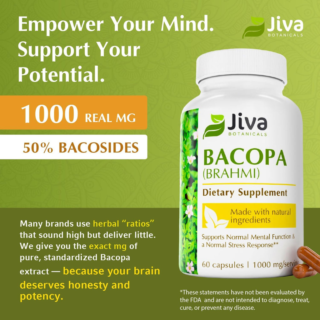 Jiva Botanicals Bacopa Monnieri Supplement Pure 1000mg per Serving - High Potency Bacopa Monnieri (Brahmi) & Extract for Normal Brain, Focus, & Memory Support - Ayurvedic Herbs - 60 Capsules