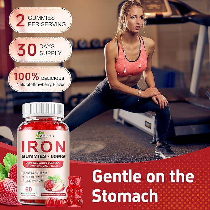 Iron Supplement Gummies, 65mg Iron for Women Men Kids, Natural Vegan Iron Gummy with Folate Gentle on Stomach, Gluten Free, Energy Support & Immune Health, 60 Gummies