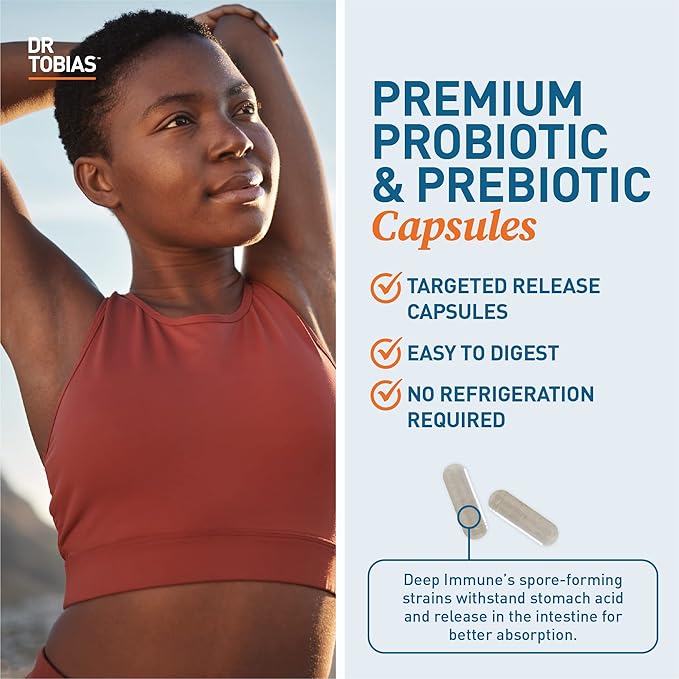 Dr. Tobias Deep Immune Probiotics & Prebiotics - Dual Action Digestion & Immune Support with PreforPro Prebiotics & Spore Forming Probiotics for Women & Men - 120 Capsules (60 Servings)