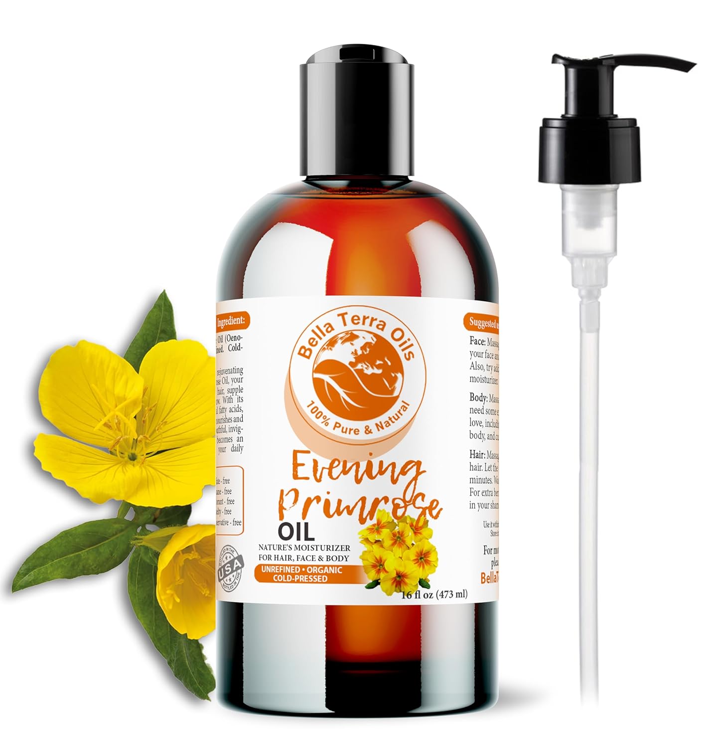 Bella Terra Oils - Organic Evening Primrose Oil 16oz - Discover the Cold-Pressed Excellence of Primrose, Loaded with Essential Nutrients & Omega-6, Distinct Elixir for Luminous Skin