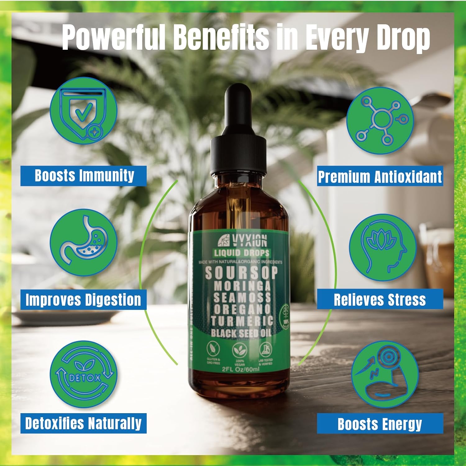 Soursop Pure Liquid Drops 10 in 1 with Sea Moss, Moringa, Turmeric, Black Seed Oil, Oregano, Ashwagandha | Herbal extracts for Overall Health-Enhancing | Vegan, Non-GMO | 4 Fl Oz