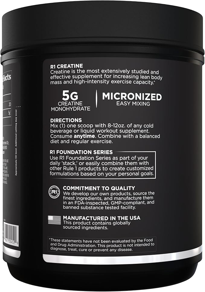 Rule 1 Creatine Powder – Pure Micronized Creatine Monohydrate for High-Intensity Exercise and Lean Body Mass Support, Flavored and Unflavored (130 Servings, Unflavored)