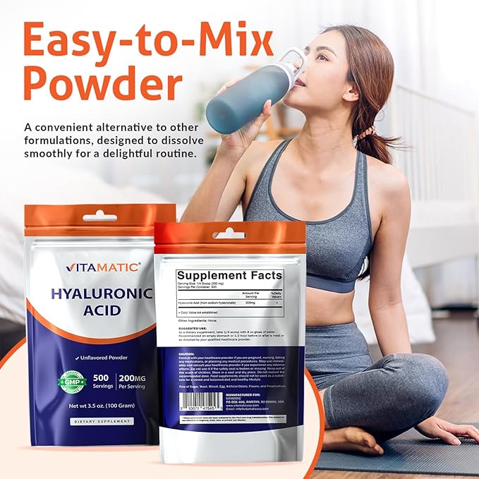 Vitamatic Hyaluronic Acid Powder 200mg - Supports Healthy Connective Tissue and Joints - Promote Youthful Healthy Skin - 100 Gram