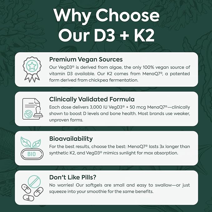 Organics Ocean Better D3 + K2-100% Organic VIT D3 and K2 Supplements with Maximum Bioavailability - Supports Bone Density, Calcium Balance, Immunity & Mood - 4-Pack, 120-Day Supply