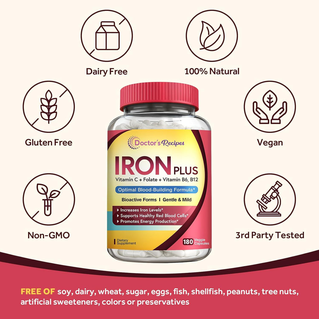 Doctor's Recipes Iron Supplement for Women Men - Gentle Iron Bisglycinate with Vitamin C, B6, Folate & B12 - Non-Constipating & Stomach Friendly Iron Pills for Blood & Energy Support, 180 Vegan Caps