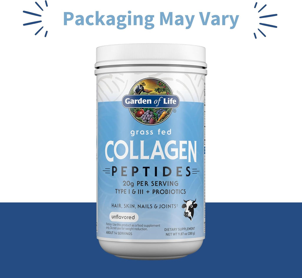 Garden of Life Grass Fed Collagen Peptides Powder Unflavored Collagen Powder for Women Men Hair Skin Nails Joints, Hydrolyzed Collagen Protein Supplements, Collagen for Women & Men, 14 Servings