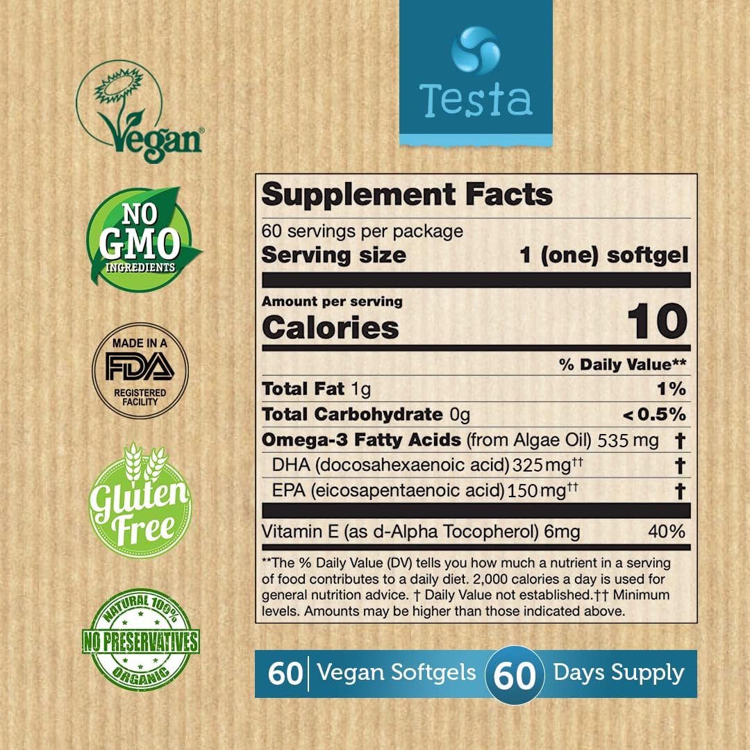 Testa Omega-3 Supplement - Vegan Based Omega 3 DHA EPA Capsules from Algae - Omega 3 Fatty acids - Supports Heart, Brain & Joint Health - Plastic Negative, RTG, and Kosher - Two Months Supply