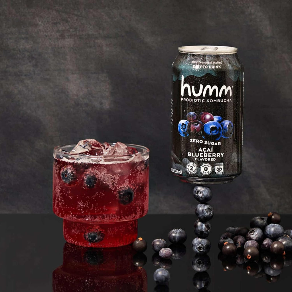 Humm Probiotic Kombucha Zero Sugar Acai Blueberry, No Refrigeration Needed, Keto Friendly, Organic, Vegan, Gluten Free, 12oz Cans (16 Pack)