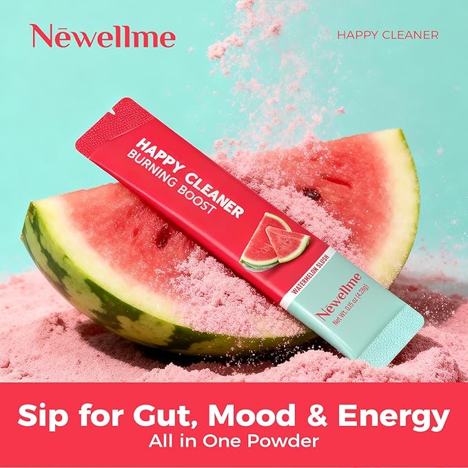 NEWELLME Happy Cleaner Digestive Supplement Powder, Gut Health Drink Mix with Probiotics, Digestive Enzymes & Fiber, Supports Digestion and Bloating, Watermelon Flavor, 28 Sachets (2 Boxes)