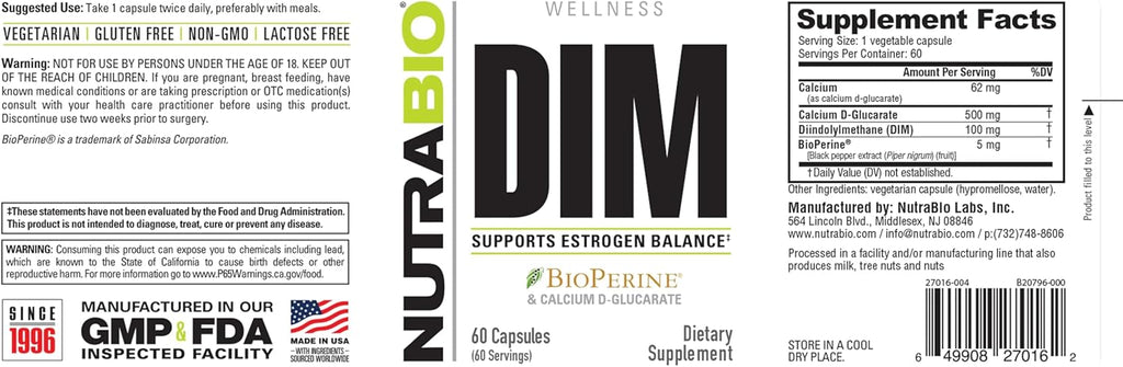 NutraBio DIM Supplement, Supports Estrogen Balance, 100mg - 60 Vegetable Capsules
