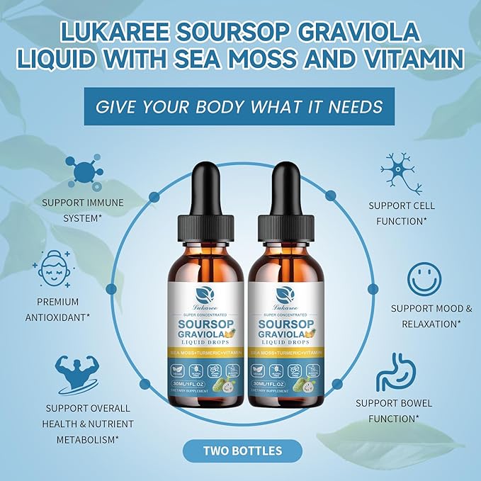 (2 Pack) Soursop Graviola Leaf Extract Liquid Drop Plus Pure Botanical Sea Moss for Cell Support & Regeneration, Immunity and Gut Health, Soursop Bitters Liquid丨Full Texture,Pineapple Flavor,1 Fl Oz