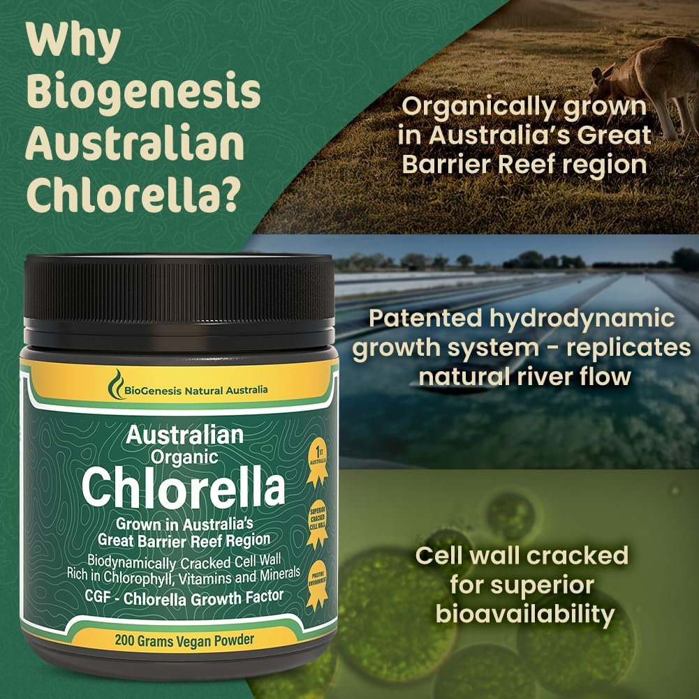 Biogenesis Organic Chlorella Powder – 200g | Australian Grown | BioDynamic Cracked Cell Wall | Rich in Chlorophyll, Vitamins & Minerals | Supports Energy & Immunity | Vegan Powder