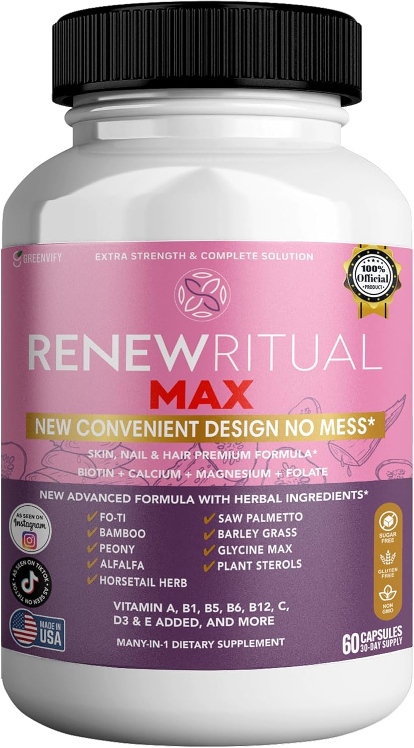 Renew Ritual Max, Hair Skin Nails Supplement, 60 Capsules, Vitamins A B C D E with Biotin (1)