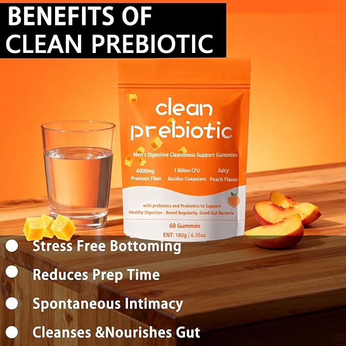 Clean Prebiotic Fiber Gummies for Men, Peach Flavor，Pre+Probiotic Fiber Gummies，Men's Digestive Cleaning Support Gummy,Men Prebiotic Supplement for Digestive Gut Health，60 Gummy
