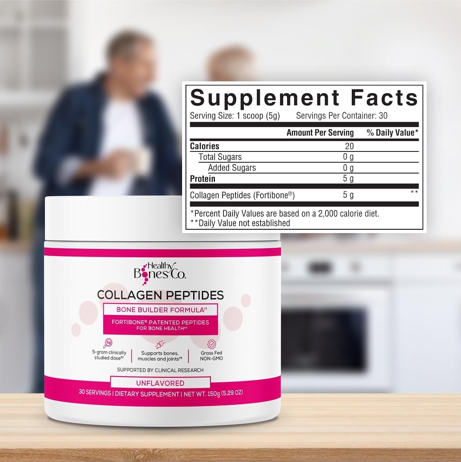 FORTIBONE Collagen Peptides Essential Bone Builder Hydrolyzed Collagen Powder for Women & Men, Clinically-Supported for Bone Strength & Density, Gluten Free & Dairy Free - Unflavored (30 Servings)