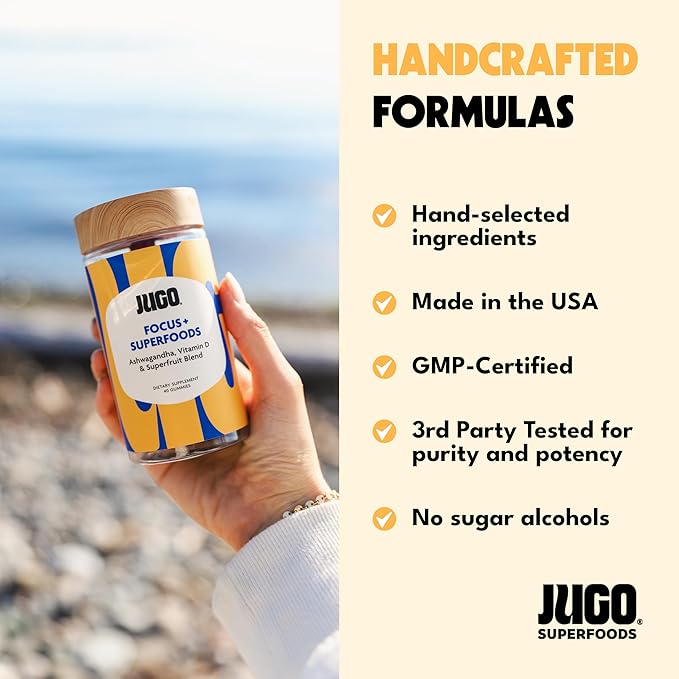 JUGO Focus + SUPERFOODS Ashwagandha Gummies with Vitamin D3 & Superfruit Blend, Vegetarian-Friendly Focus Supplement with Adaptogens, Gelatin-Free and Gluten-Free, Non-GMO, Made in USA, 40 Coun