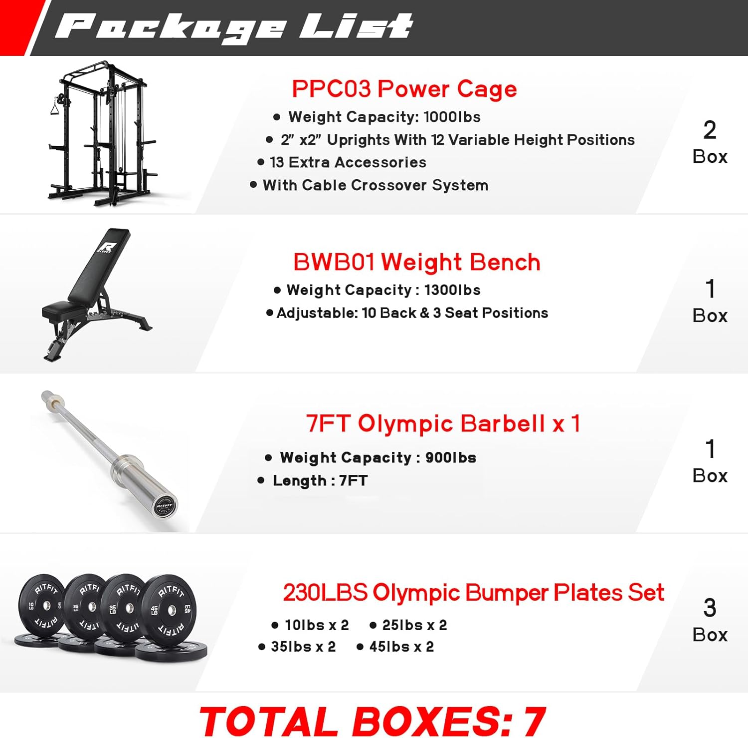 RitFit Multi-Function Squat Rack Power Cage PPC03 with Cable Crossover System, 1000LBS Capacity Power Rack and Packages with Optional Weight Bench, Barbell Weight Set, for Garage Workout & Home Gym