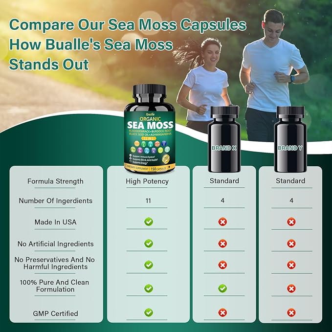 Bualle Irish Sea Moss Capsules – Organic Sea Moss, Black Seed Oil, Ashwagandha Supplements with Bladderwrack, Ginger & Burdock Root – Supports Daily Wellness, Skin & Energy – 150 Capsules (1 Pack)