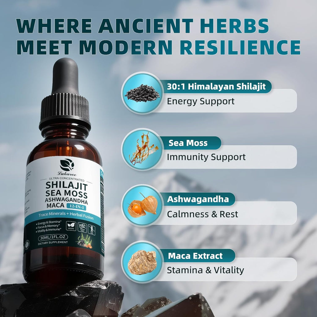 Shilajit Liquid Drops with Sea Moss, Ashwagandha, Maca, Fulvic Acid, Trace Minerals, 12-in-1 Liquid Vitamins Supplement for Men and Women, Energy, Antioxidant, Immune Support, 1 FL Oz