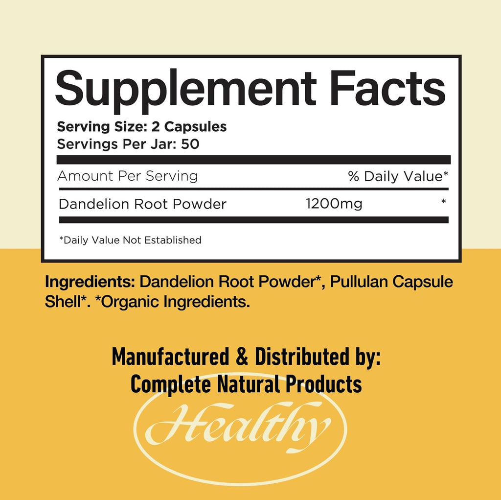 Complete Natural Products Pure Organic Dandelion Root Capsules - 530mg Capsules 100 Pills Dried Dandelion Root Herbal Supplement