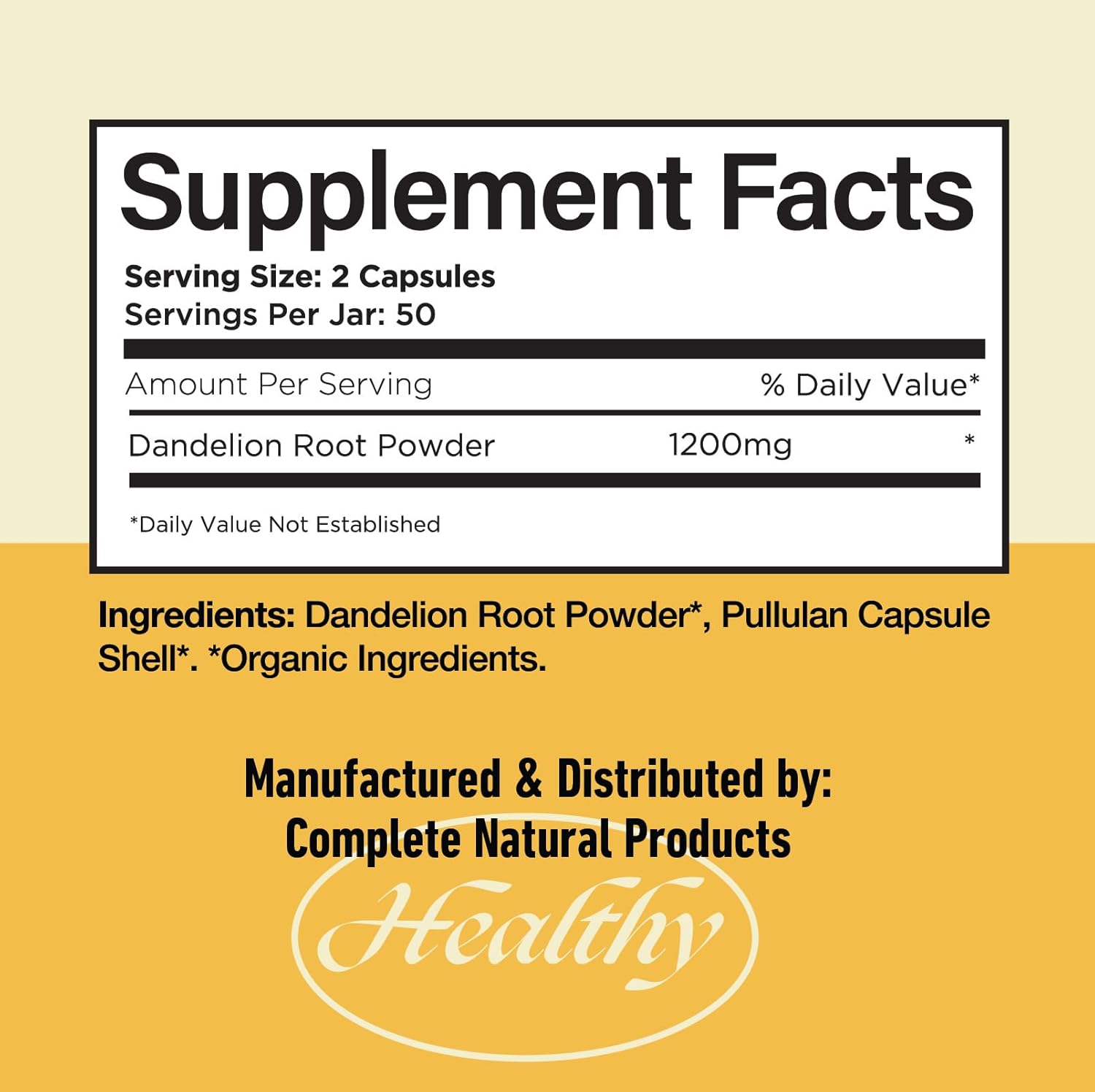 Complete Natural Products Pure Organic Dandelion Root Capsules - 530mg Capsules 100 Pills Dried Dandelion Root Herbal Supplement