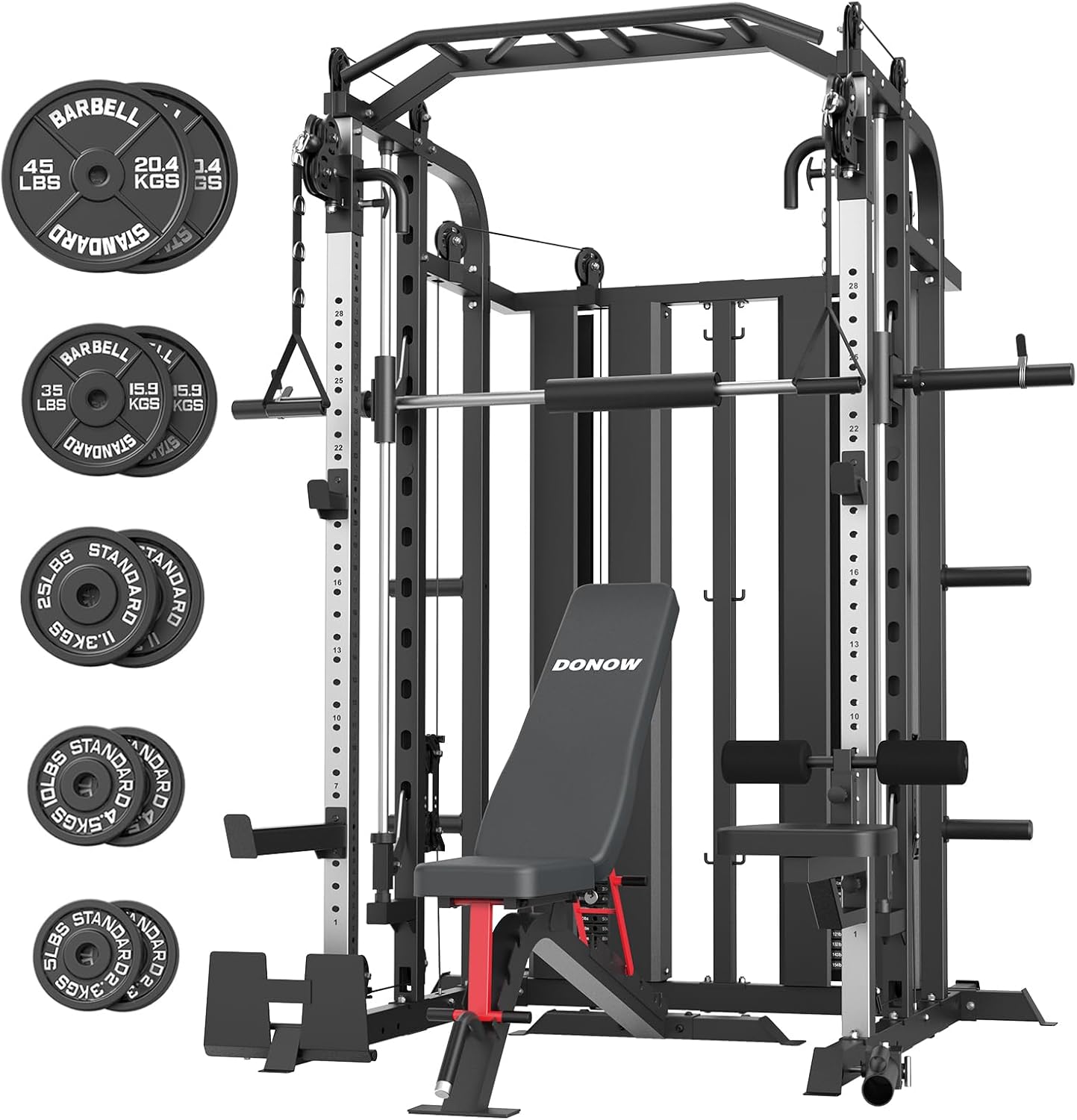 DONOW Smith Machine with Weight Stacks Power Cage Squat Rack Dual Cable Crossover Machine Home Gym Systems Station LAT Pull Down