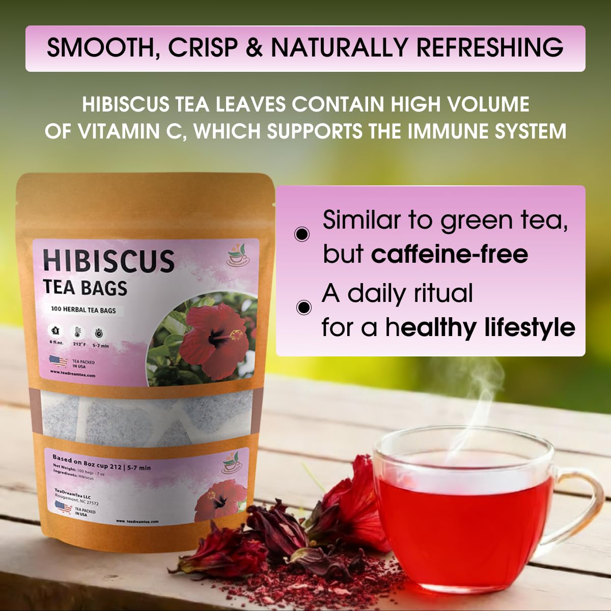 TeaDreamTea Hibiscus Tea Bags | 100 Bleach-Free Tea Bags | Caffeine Free | Dried Hibiscus Flowers | Hibiscus Flower Tea | Dried Flower Tea | Brew Hot or Iced |Herbal Hibiscus Tea