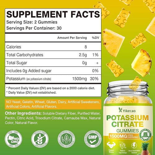 1500mg Potassium Citrate Gummies, Sugar-Free Potassium Supplement Gummies for Adults Women & Men, Support Leg Cramps & Electrolyte Balance, Vegan, Pineapple Flavor, 60 Count