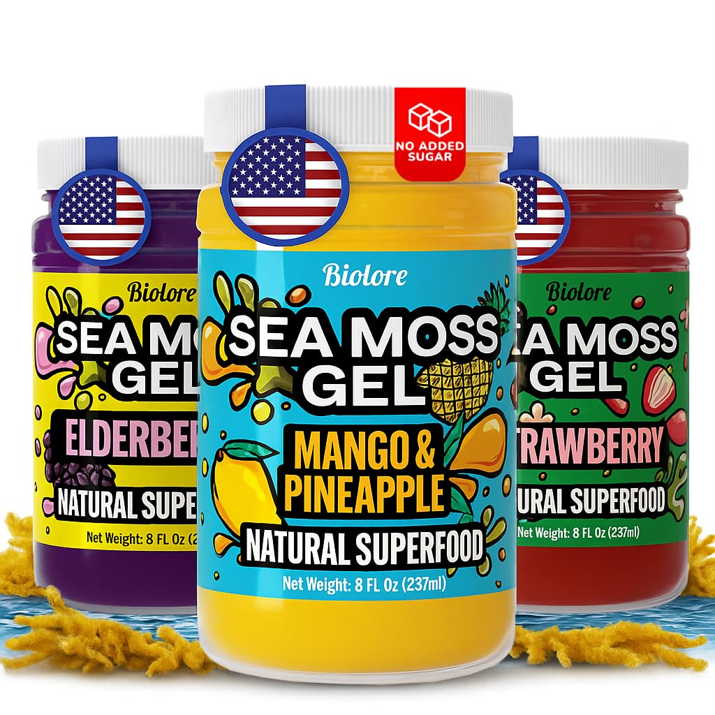 Biolore Sea Moss Gel Starter Pack – 3 Flavors Mango Pineapple, Strawberry, Elderberry – Superfood with Essential Vitamins & Trace Minerals – 8oz Jars, Made in USA (Pack of 3)
