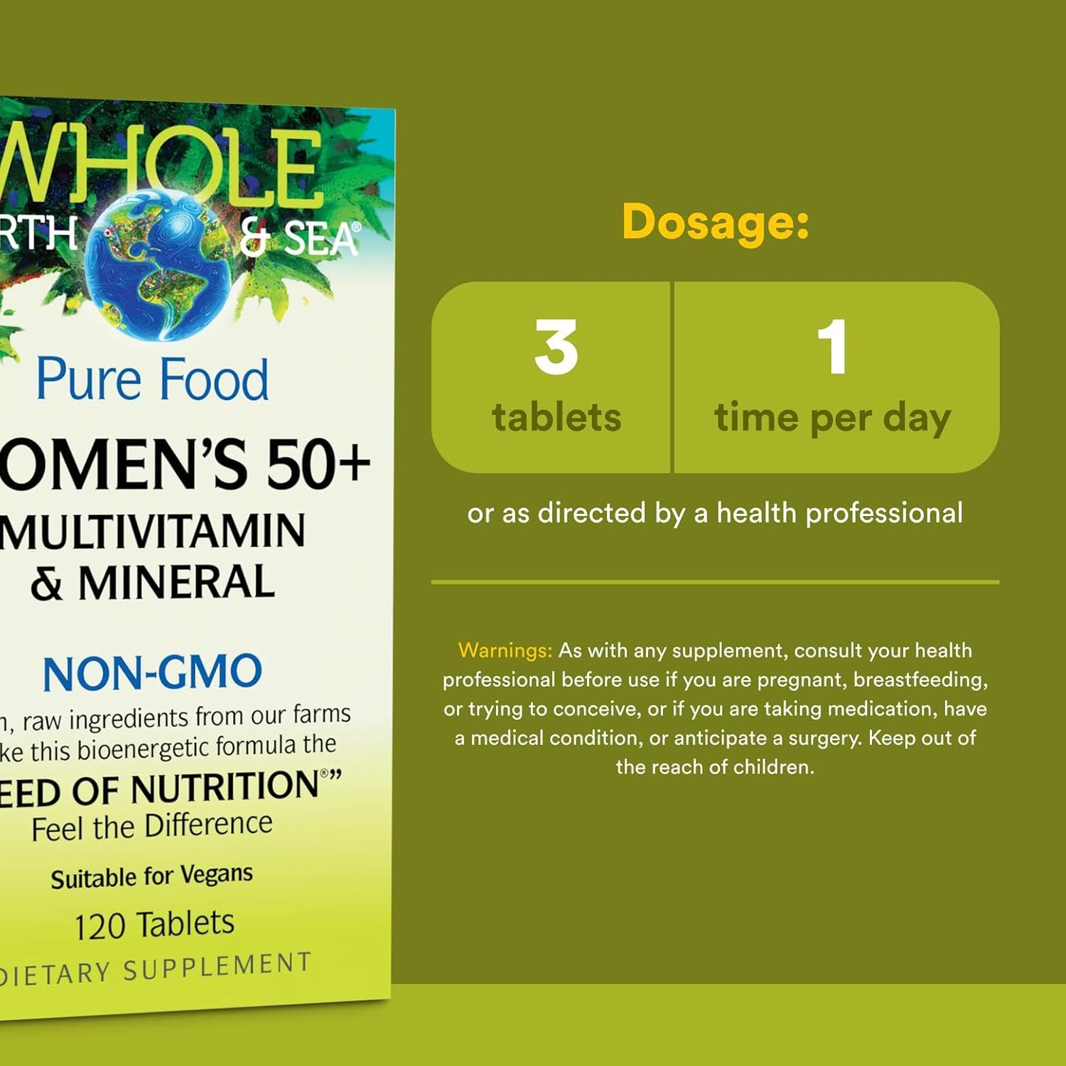 Natural Factors Whole Earth & Sea Women's 50+ Multivitamin & Mineral, 1 Serving Contains Nutrition Equivalent to ½ lb of Veggies, 120 Tablets