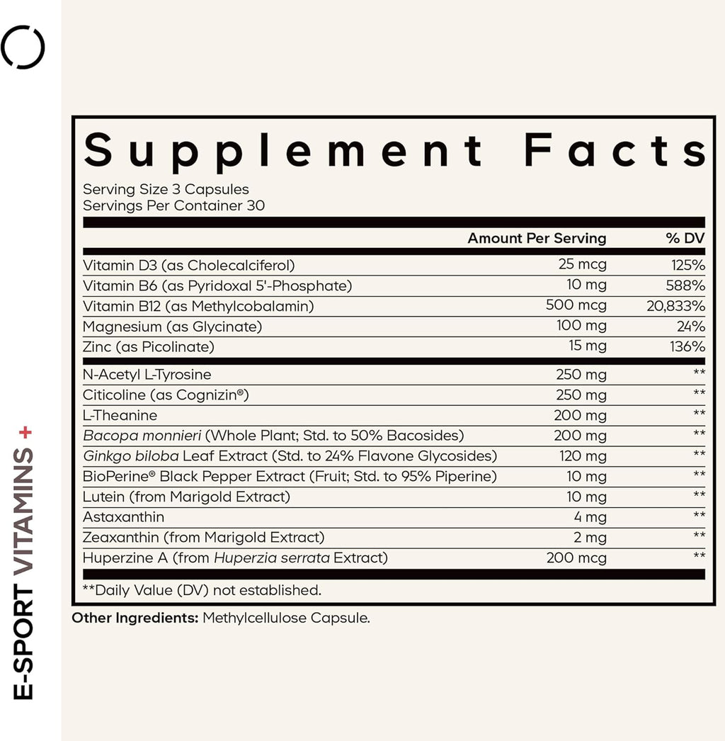 Codeage E-Sport Vitamins+ Citicoline Cognizin, Bacopa Monnieri Supplement, Multivitamins, Astaxanthin, L-Theanine, Ginkgo Biloba, Acetyl-L-Tyrosine, Huperzine A, Lutein, Esport Gaming - 90 Capsules