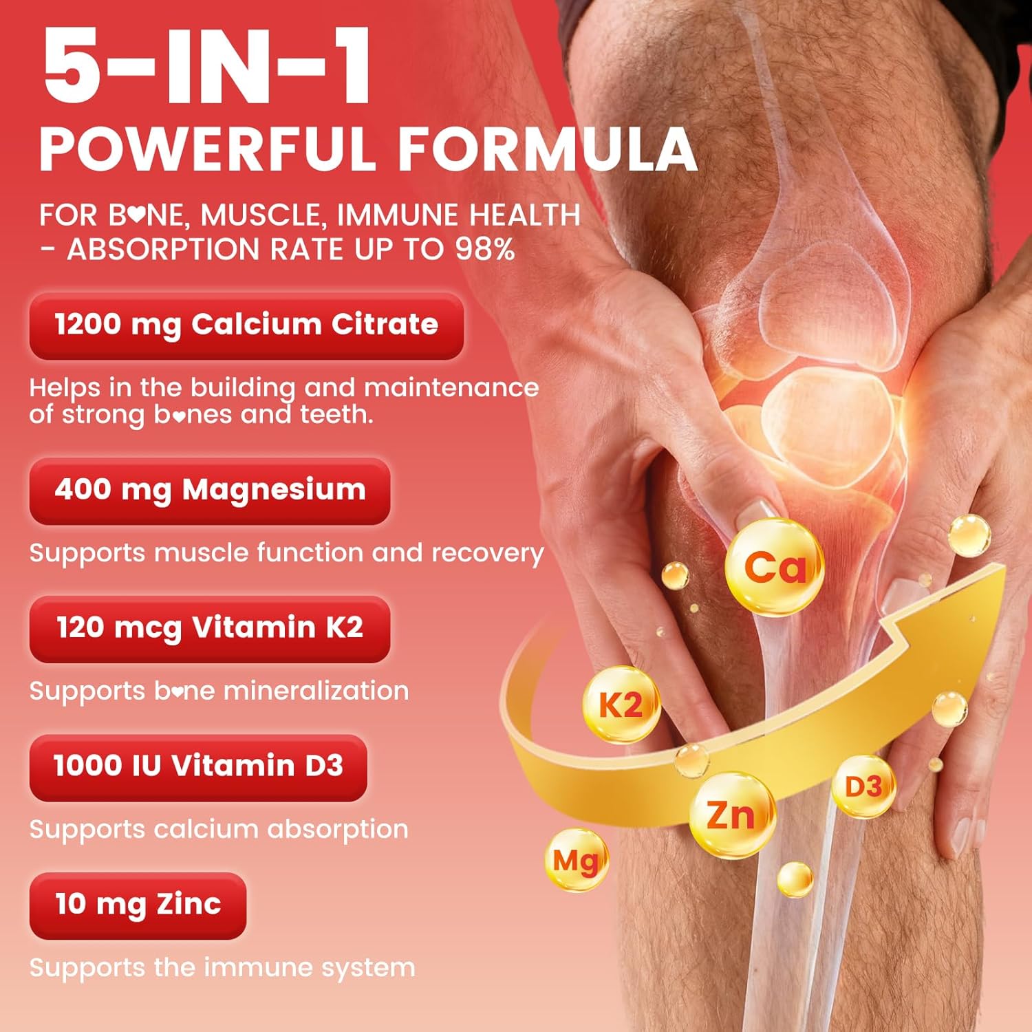 Calcium Citrate Gummies 1200mg, High Absorption Calcium Supplements with Vitamin D3, K2, Magnesium, Zinc for Bone, Muscle & Immune Support, Calcium Gummies for Women & Men, Strawberry Flavor 60 Count