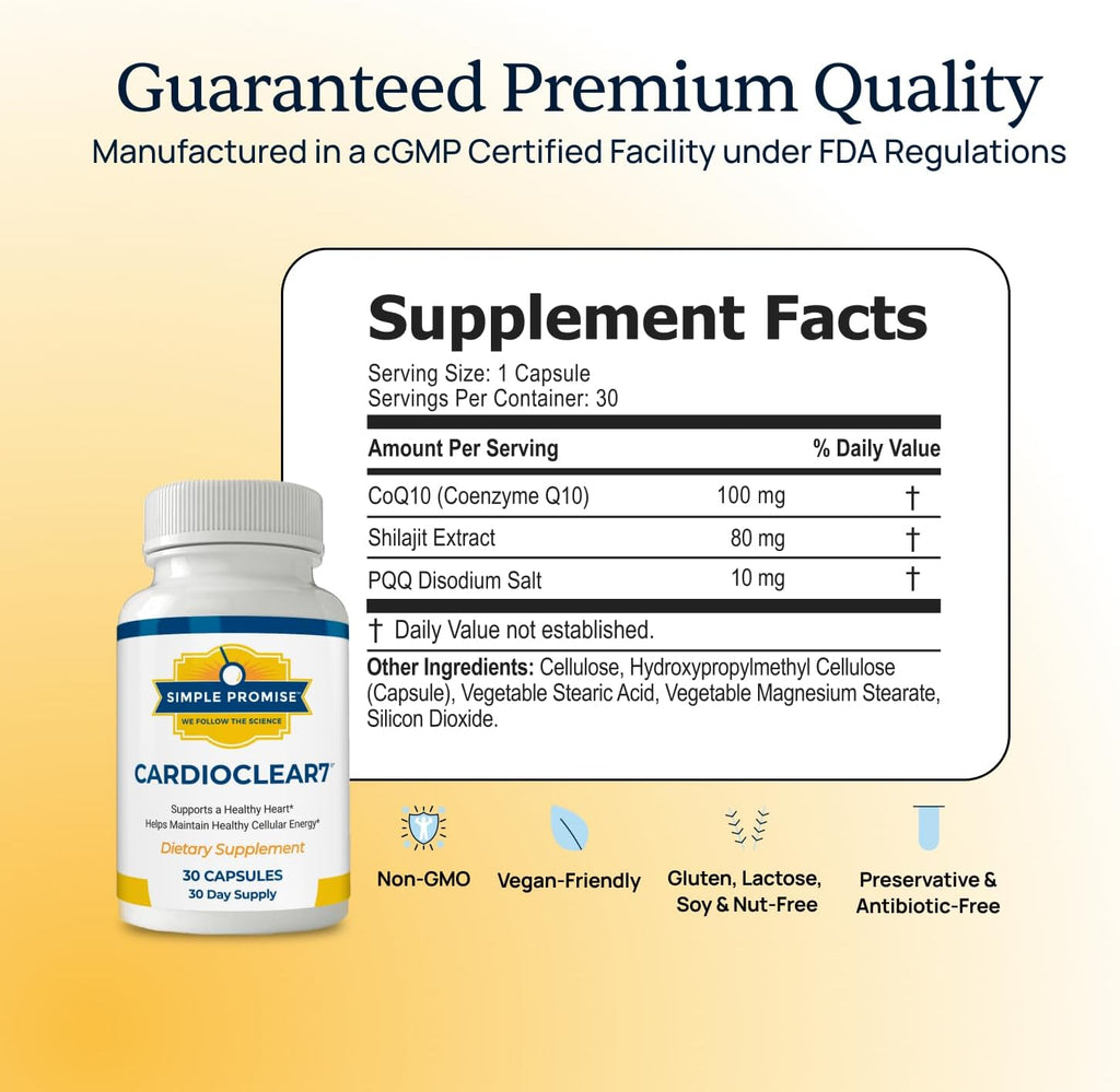 CardioClear7 - Coenzyme Q10 (CoQ10) and PQQ Heart Health Supplement with Shilajit - Supports Circulation, Cellular Energy & Daily Vitality for Cardiovascular Health - 30 Capsules
